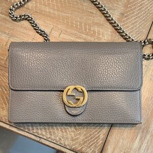 Gucci Taupe Leather Clutch with Gold Chain